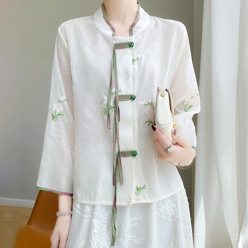 Dámske top v čínskom štýle Tang s výšivkou, polyester, leto 2023, obsah polyesteru 80-90%