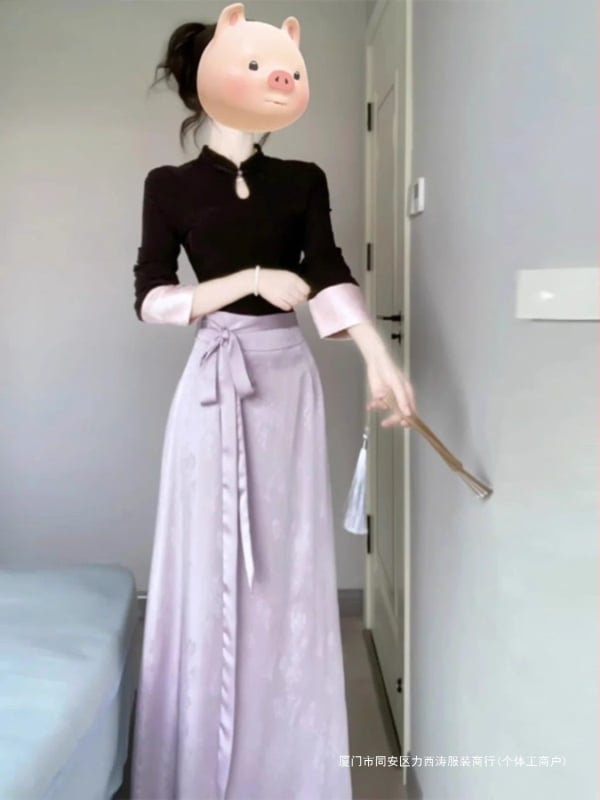 Dvojdielny set z chenille s 90-95% Spandex: top s dlhými rukávmi a dierovanými gombíkmi + polovičná sukňa s vyvýšeným kvetinovým motívom (jeseň-zima)