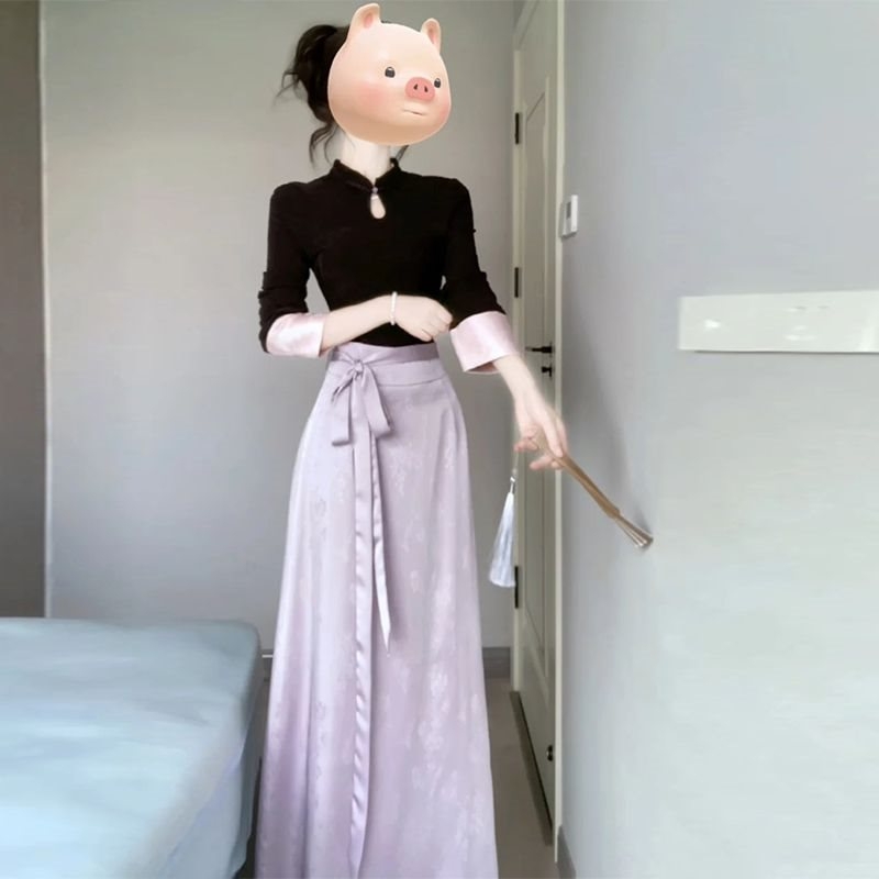 Dvojdielny set z chenille s 90-95% Spandex: top s dlhými rukávmi a dierovanými gombíkmi + polovičná sukňa s vyvýšeným kvetinovým motívom (jeseň-zima)