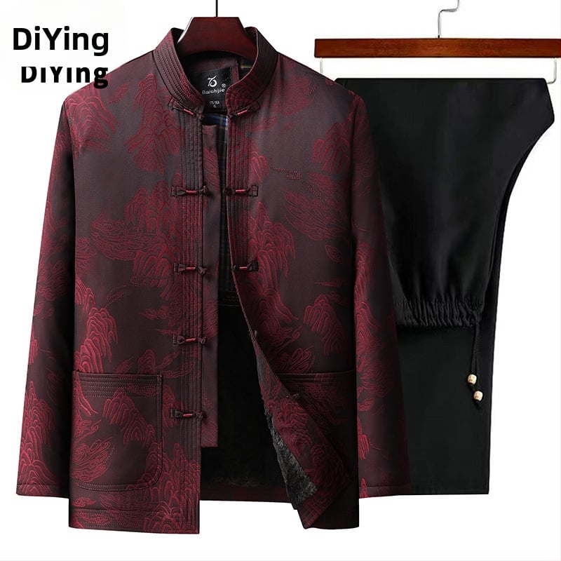 Pánsky zimný Tang oblek – dvojdielny set s fleecovou podšívkou, 100% polyester, bežný štýl, Diying značka, vydanie 2024