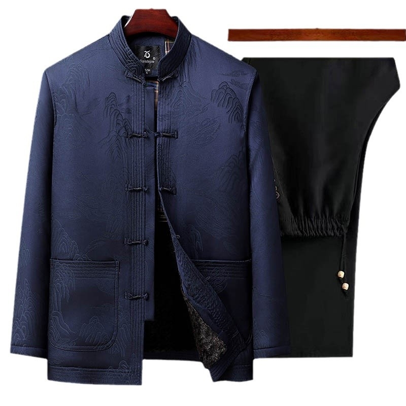 Vyrų žieminis Tang kostiumas – dviejų dalių komplektas su flisinė įdėkle, 100% poliesteris, kasdieniam stiliui, Diying prekės ženklas, leidimas 2024