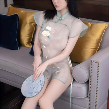 Seksi set donjeg rublja inspiriran čipao/cheongsamom s izšivanjem, prorezom i prozirnom mrežom od poliesteru