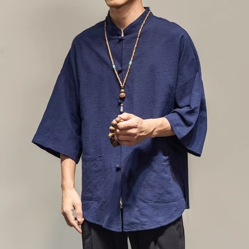Tang štýlová košeľa z ľanového zmesi, 3/4 rukávy, letný casual, minimalistický mužský kúsok