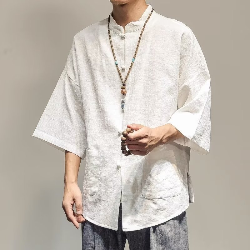 Tang štýlová košeľa z ľanového zmesi, 3/4 rukávy, letný casual, minimalistický mužský kúsok