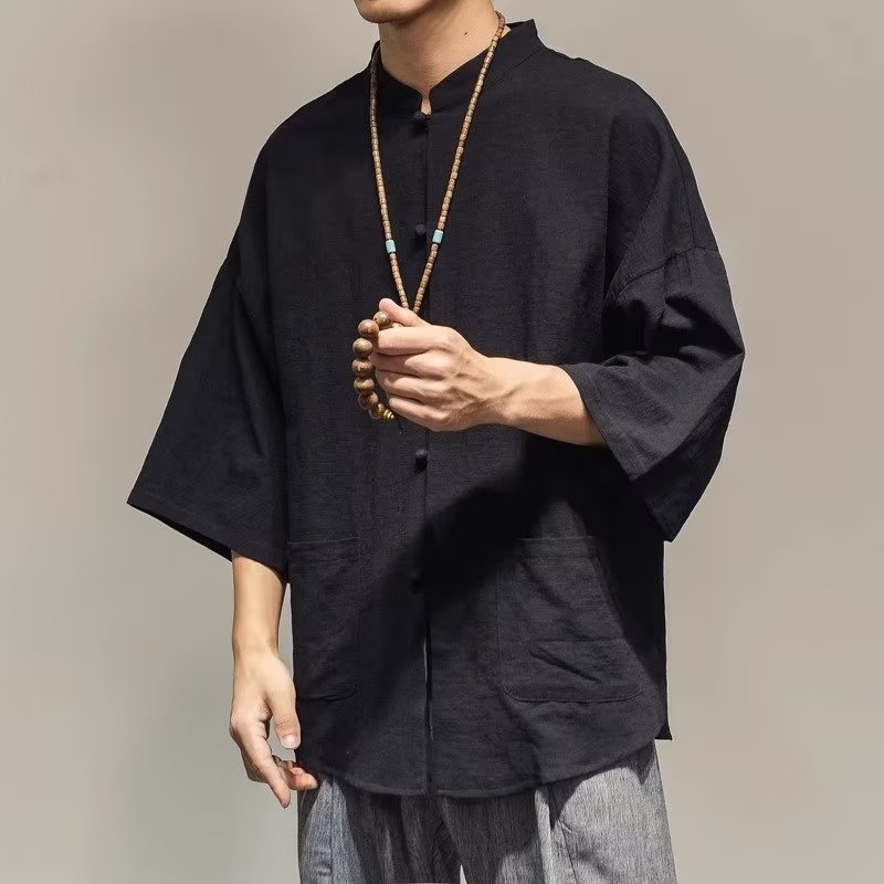 Tang štýlová košeľa z ľanového zmesi, 3/4 rukávy, letný casual, minimalistický mužský kúsok