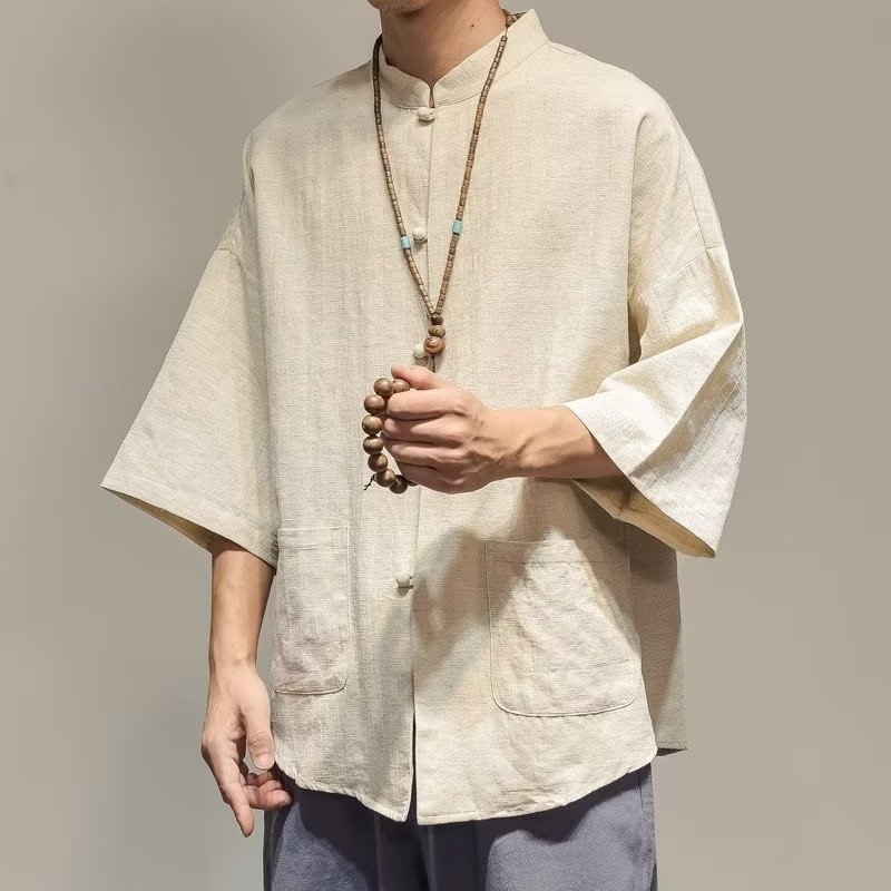 Tang štýlová košeľa z ľanového zmesi, 3/4 rukávy, letný casual, minimalistický mužský kúsok