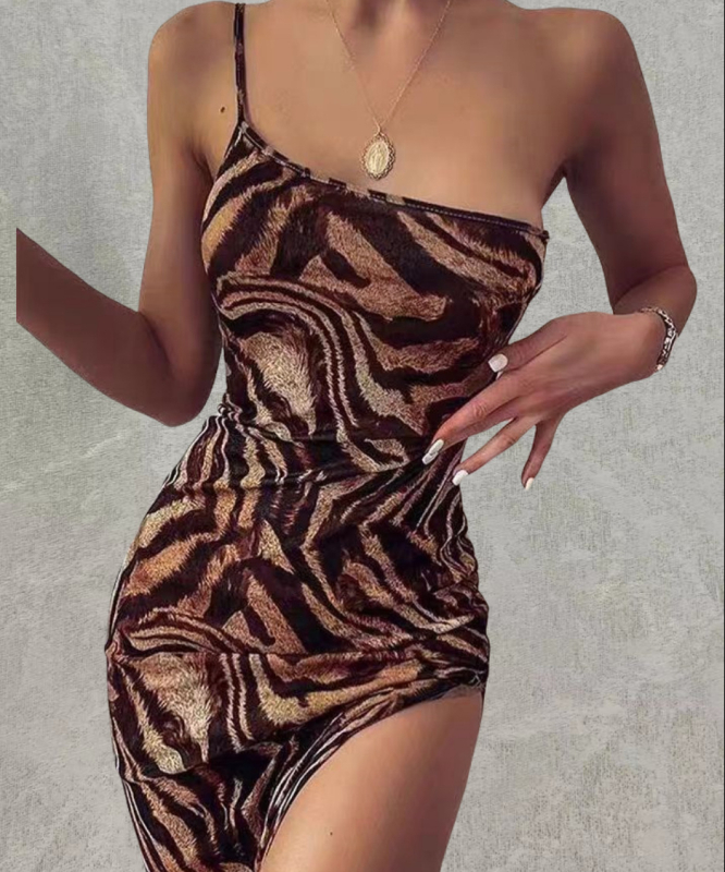 Šifónové šaty s jedným ramenom, bez rukávov, geometrický vzor, štíhly strih