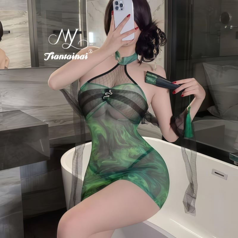 Lingerie Qipao cu material transparent, design inspirat de uniformă, poliester 80-90%