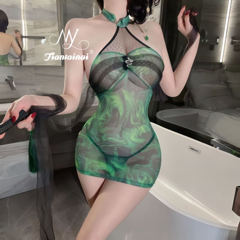 Lingerie Qipao cu material transparent, design inspirat de uniformă, poliester 80-90%