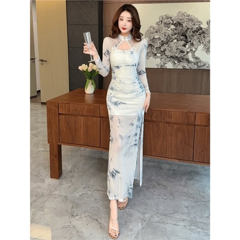 Šaty v čínskom štýle s retro dizajnom, sieťovinový materiál, stojatý golier, dlhé rukávy, stredná dĺžka