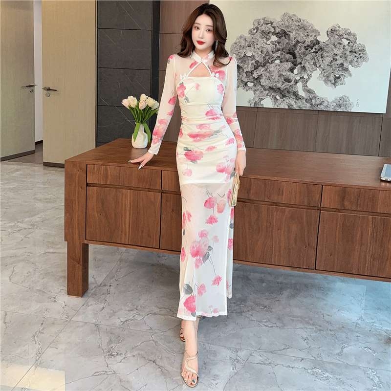 Šaty v čínskom štýle s retro dizajnom, sieťovinový materiál, stojatý golier, dlhé rukávy, stredná dĺžka