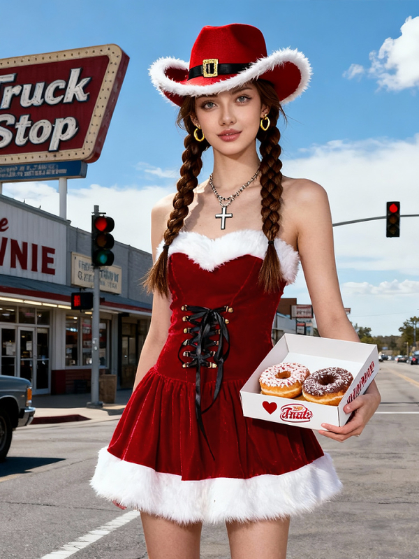 Set cosplay de Crăciun din catifea, cu pălărie de cowboy • Brand: Yixiaoyi • Număr produs: 817 • An/Lansare: iarna 2025 • Material: poliester • Vârstă: 18–24