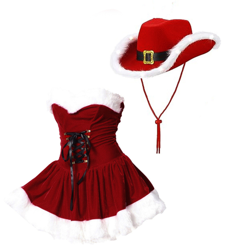 Set cosplay de Crăciun din catifea, cu pălărie de cowboy • Brand: Yixiaoyi • Număr produs: 817 • An/Lansare: iarna 2025 • Material: poliester • Vârstă: 18–24