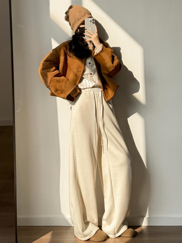 Dámske široké nohavice s oblúkovým strihom a širokými nohami, vysoký pás, vlnená zmes, extra hrubé, jeseň 2025