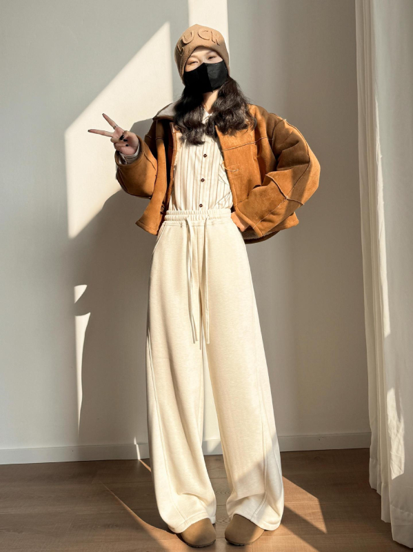 Dámske široké nohavice s oblúkovým strihom a širokými nohami, vysoký pás, vlnená zmes, extra hrubé, jeseň 2025