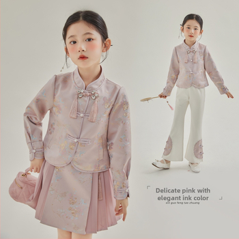 Dievčenský kostým so sukňou, čínskeho štýlu, dvojdielny set, jar 2025, pre deti 3–8 rokov, polyester