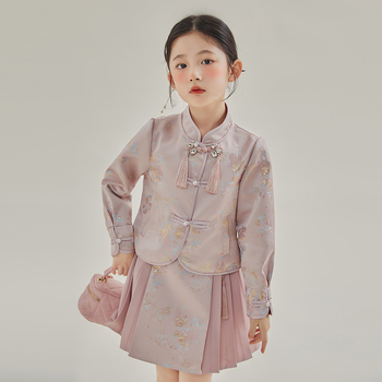 Dievčenský kostým so sukňou, čínskeho štýlu, dvojdielny set, jar 2025, pre deti 3–8 rokov, polyester