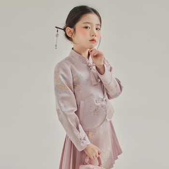 Dievčenský kostým so sukňou, čínskeho štýlu, dvojdielny set, jar 2025, pre deti 3–8 rokov, polyester