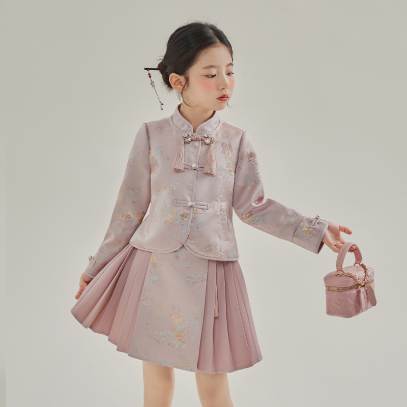 Dievčenský kostým so sukňou, čínskeho štýlu, dvojdielny set, jar 2025, pre deti 3–8 rokov, polyester