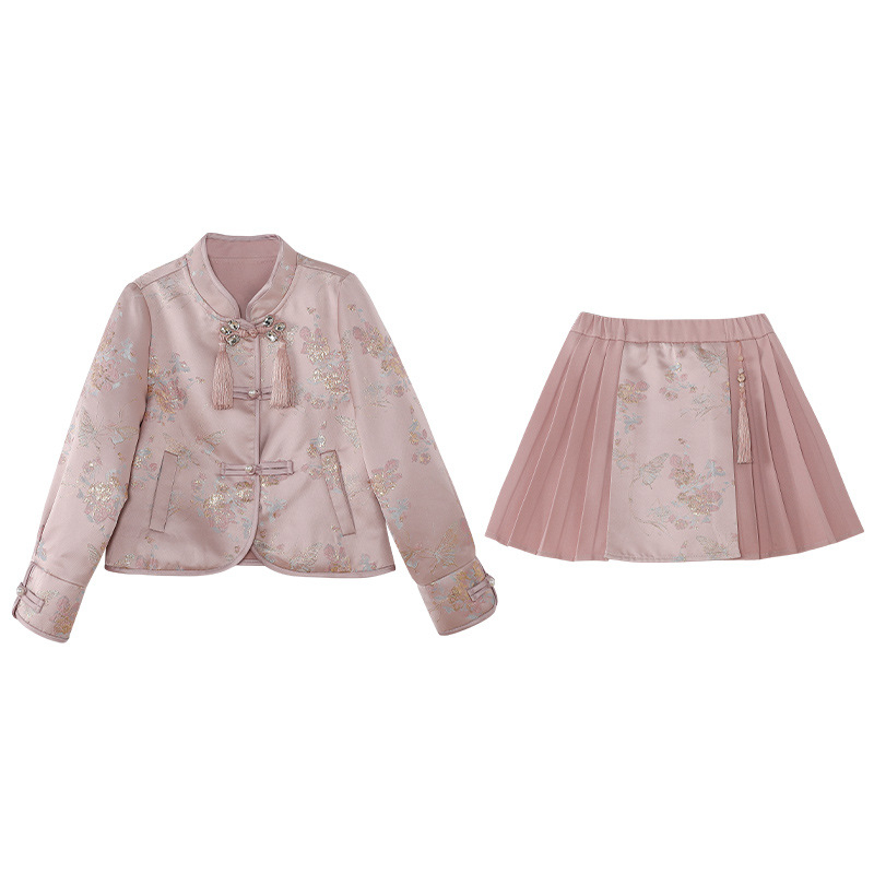 Dievčenský kostým so sukňou, čínskeho štýlu, dvojdielny set, jar 2025, pre deti 3–8 rokov, polyester