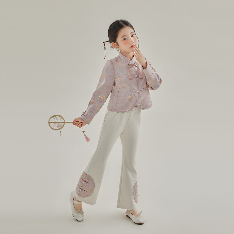 Dievčenský kostým so sukňou, čínskeho štýlu, dvojdielny set, jar 2025, pre deti 3–8 rokov, polyester