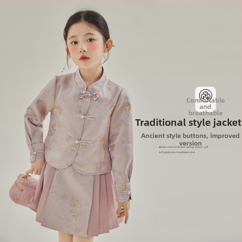 Dievčenský kostým so sukňou, čínskeho štýlu, dvojdielny set, jar 2025, pre deti 3–8 rokov, polyester