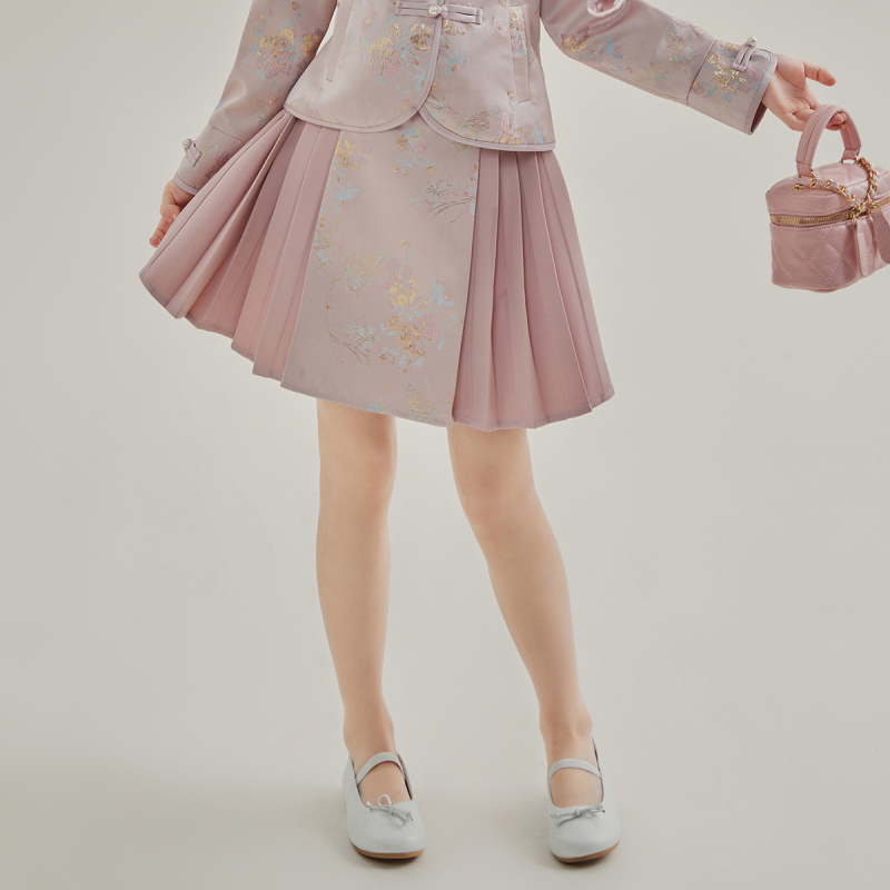 Dievčenský kostým so sukňou, čínskeho štýlu, dvojdielny set, jar 2025, pre deti 3–8 rokov, polyester