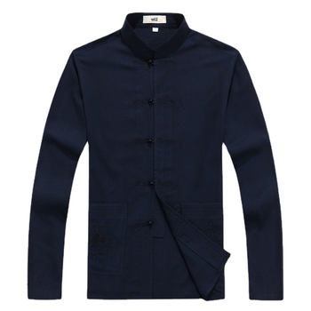 Tang oblek s výšivkou, čínskeho štýlu, konopná tkanina; hlavná látka ľan 65% obsah. Pre mužov, voľnočasové, jar a jeseň.