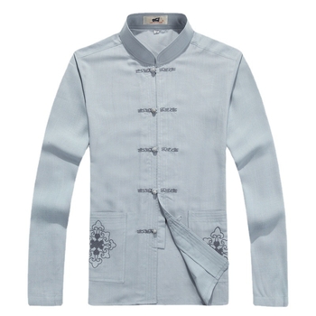 Tang oblek s výšivkou, čínskeho štýlu, konopná tkanina; hlavná látka ľan 65% obsah. Pre mužov, voľnočasové, jar a jeseň.