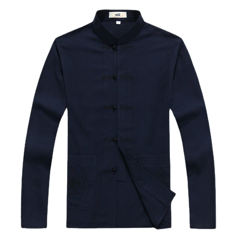 Tang oblek s výšivkou, čínskeho štýlu, konopná tkanina; hlavná látka ľan 65% obsah. Pre mužov, voľnočasové, jar a jeseň.