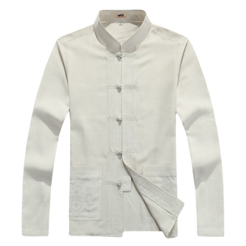 Tang kostiumas su siuvinėjimu, kinų stilius, kanapo audinys; pagrindinis audinys – linų 65% turinys. Vyrai, laisvalaikio drabužiai, pavasaris ir ruduo.