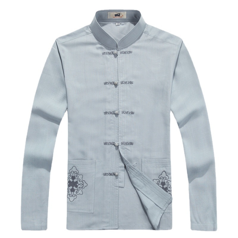 Tang kostiumas su siuvinėjimu, kinų stilius, kanapo audinys; pagrindinis audinys – linų 65% turinys. Vyrai, laisvalaikio drabužiai, pavasaris ir ruduo.