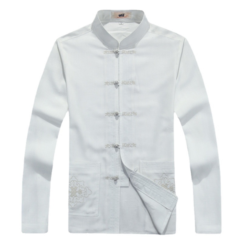 Tang kostiumas su siuvinėjimu, kinų stilius, kanapo audinys; pagrindinis audinys – linų 65% turinys. Vyrai, laisvalaikio drabužiai, pavasaris ir ruduo.