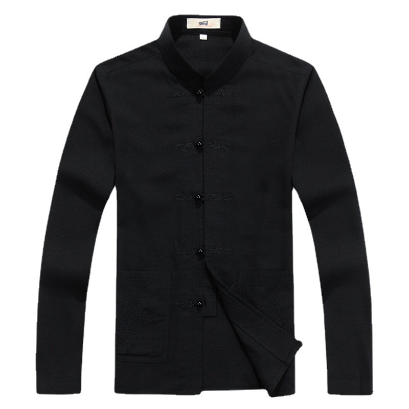 Tang kostiumas su siuvinėjimu, kinų stilius, kanapo audinys; pagrindinis audinys – linų 65% turinys. Vyrai, laisvalaikio drabužiai, pavasaris ir ruduo.