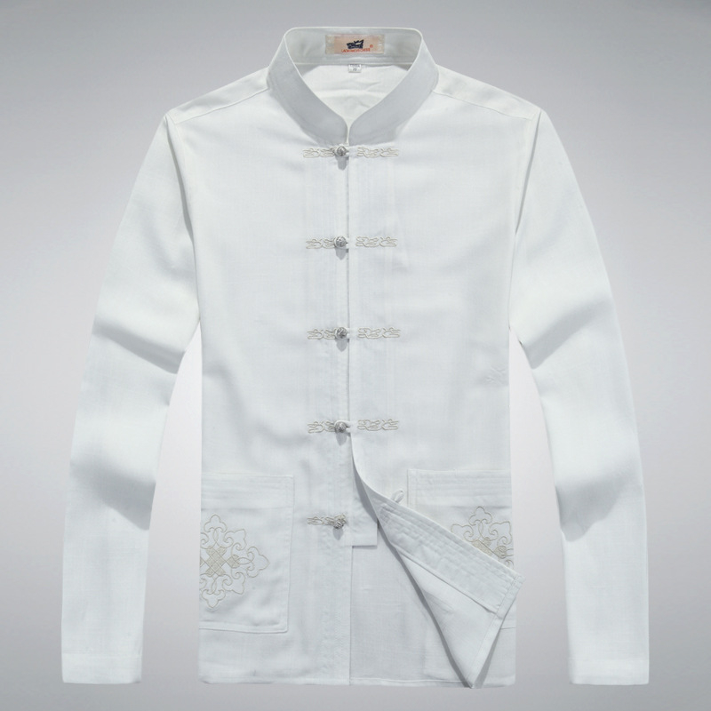 Tang oblek s výšivkou, čínskeho štýlu, konopná tkanina; hlavná látka ľan 65% obsah. Pre mužov, voľnočasové, jar a jeseň.