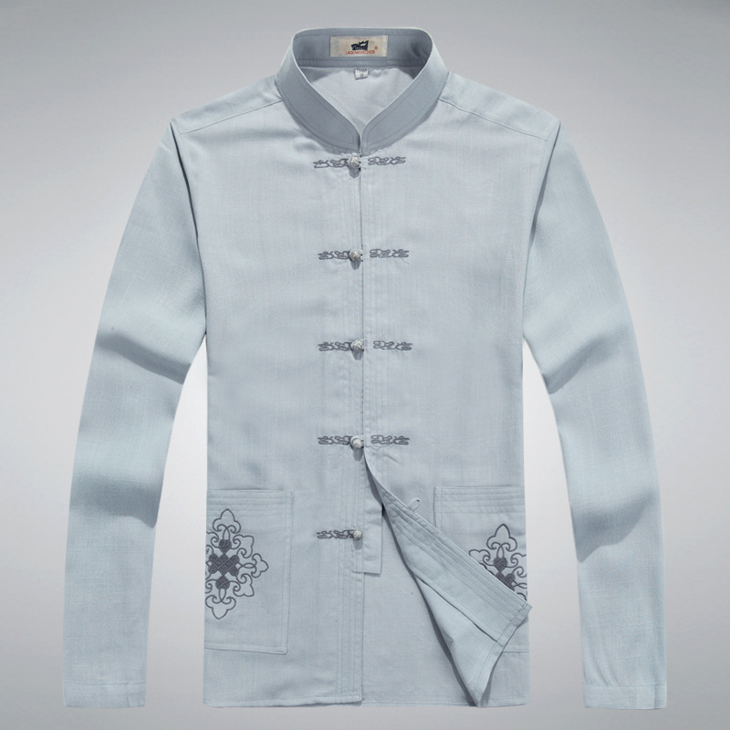 Tang oblek s výšivkou, čínskeho štýlu, konopná tkanina; hlavná látka ľan 65% obsah. Pre mužov, voľnočasové, jar a jeseň.