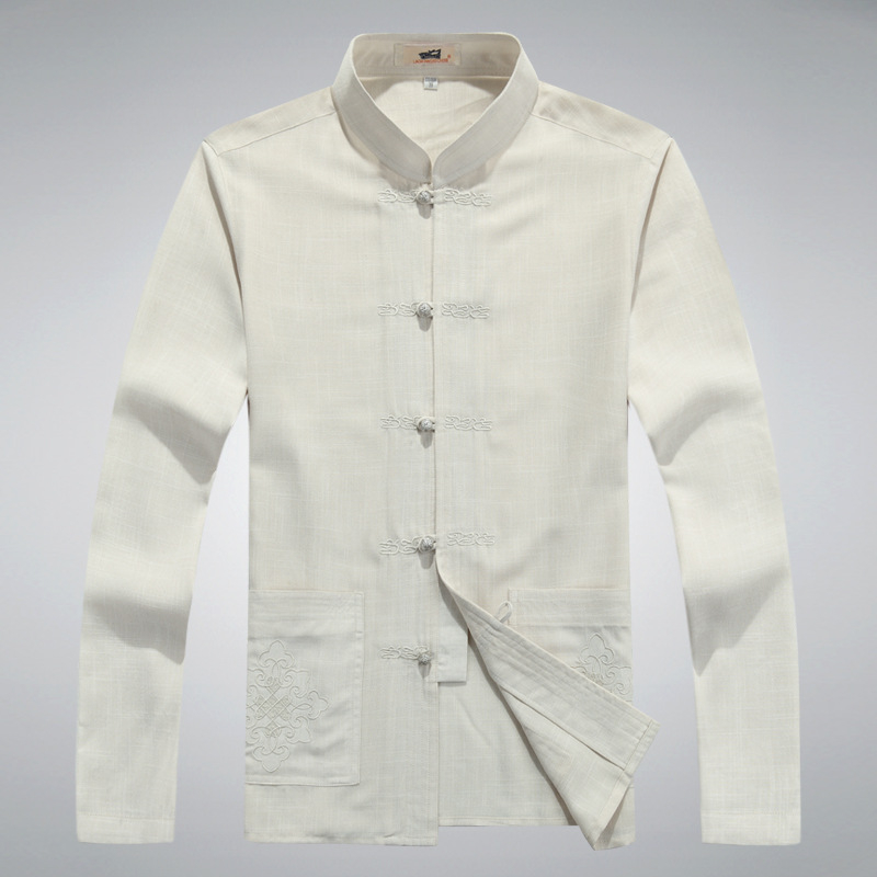 Tang oblek s výšivkou, čínskeho štýlu, konopná tkanina; hlavná látka ľan 65% obsah. Pre mužov, voľnočasové, jar a jeseň.