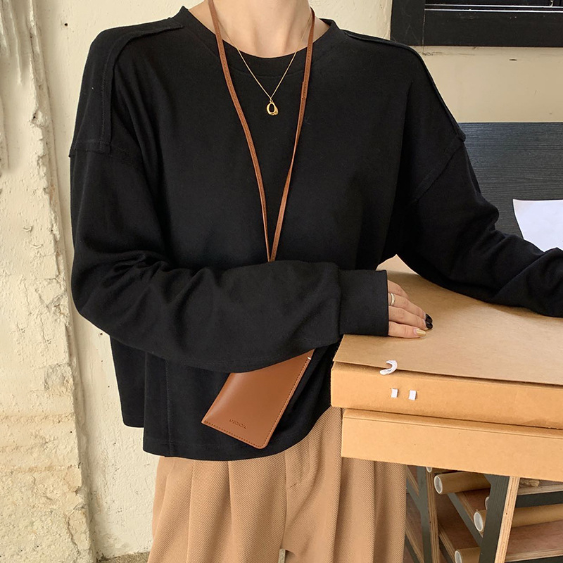 Ženski pamučni dugi rukav majica za jesen 2025, širokog kroja, okrugli izrez, jednobojni osnovni top, 95% pamuk / 5% elastan