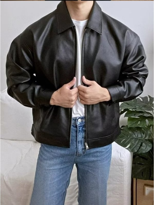 Muška PU kožna jakna, streetwear stil, zatvara se zipom, rever ovratnik, opušten kroj, bočne džepove