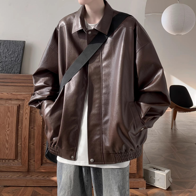 PU kožna jakna, retro stil, rever ovratnik, zatvaranje na zip, širok kroj