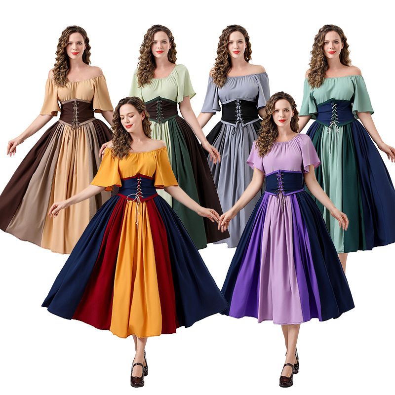 Dámske retro šaty európsko-amerického štýlu s kontrastným prešívaním, nafúknuté rukávy, šnúrka na páse, jednoramenné, tutu sukňa na pódiové vystúpenie — polyester, hlavná látka 70–80%, jar 2025, vek 18–24