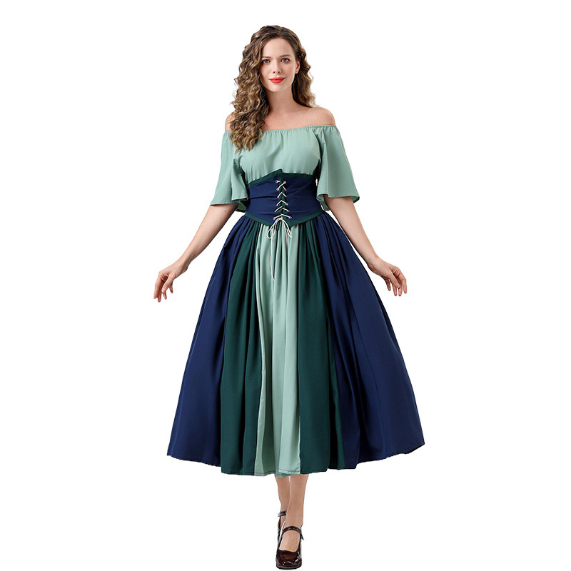 Dámske retro šaty európsko-amerického štýlu s kontrastným prešívaním, nafúknuté rukávy, šnúrka na páse, jednoramenné, tutu sukňa na pódiové vystúpenie — polyester, hlavná látka 70–80%, jar 2025, vek 18–24