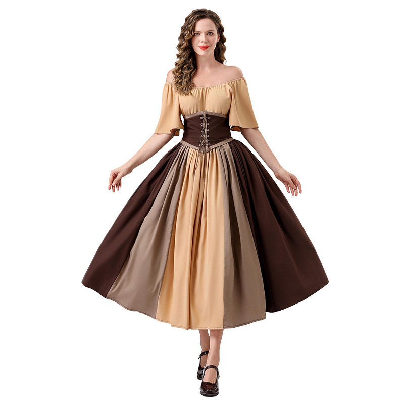 Dámske retro šaty európsko-amerického štýlu s kontrastným prešívaním, nafúknuté rukávy, šnúrka na páse, jednoramenné, tutu sukňa na pódiové vystúpenie — polyester, hlavná látka 70–80%, jar 2025, vek 18–24