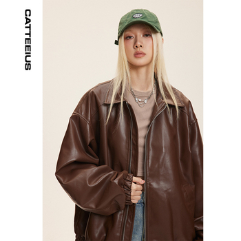 CATTEE PU kožna jakna, američki retro stil motocikla, zatvarač, rever ovratnik, labav kroj