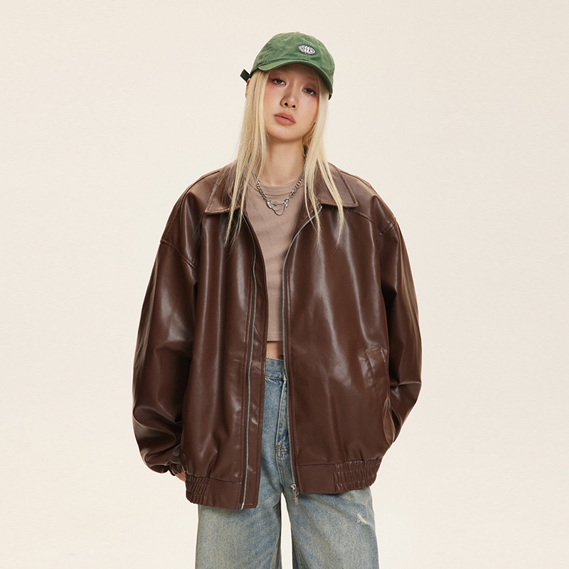 CATTEE PU kožna jakna, američki retro stil motocikla, zatvarač, rever ovratnik, labav kroj