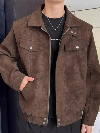 PU kožna jakna u japanskom retro stilu, s klopnim ovratnikom i zatvaračem
