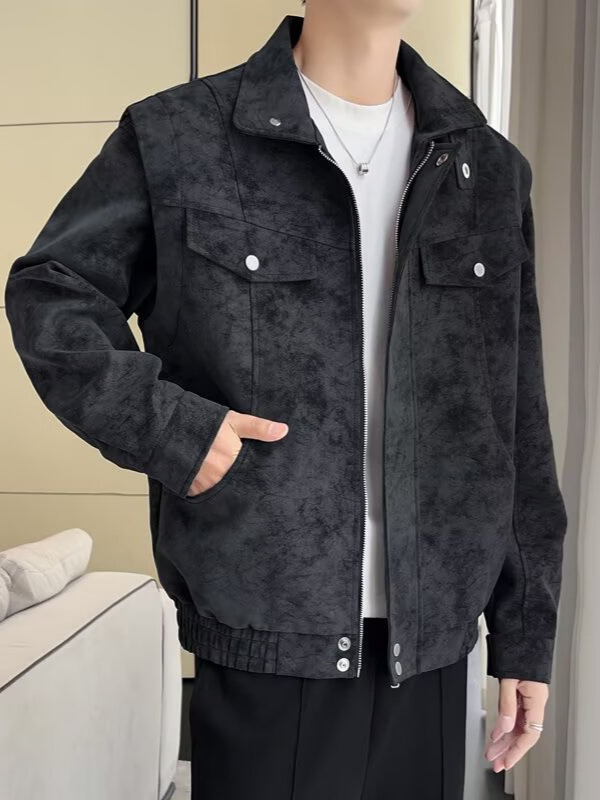 PU kožna jakna u japanskom retro stilu, s klopnim ovratnikom i zatvaračem