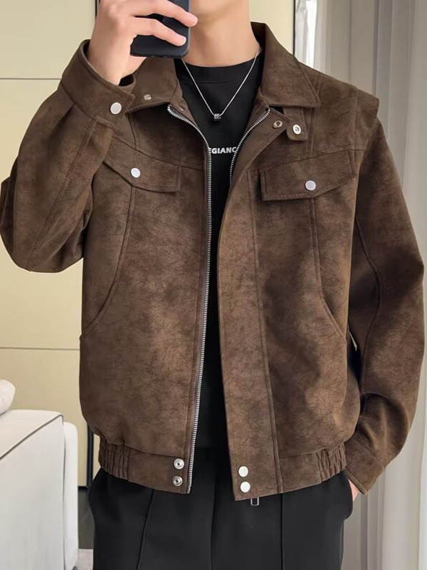 PU kožna jakna u japanskom retro stilu, s klopnim ovratnikom i zatvaračem