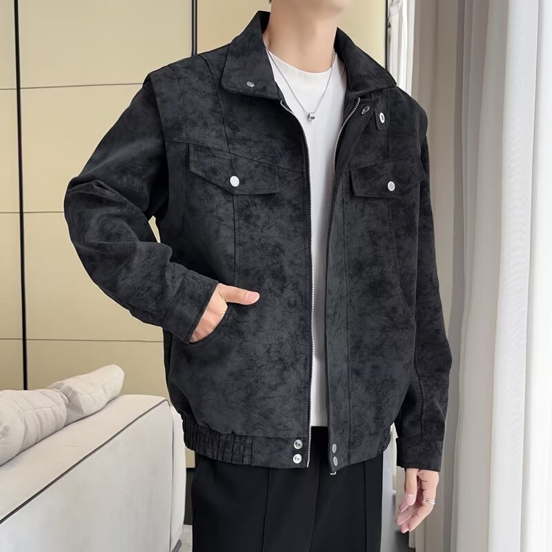 PU kožna jakna u japanskom retro stilu, s klopnim ovratnikom i zatvaračem