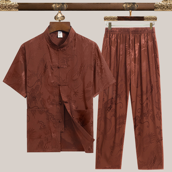 Pánske Tang oblečenie, etnická pletená košeľa z 90% polyesteru jacquard tkanina, pre mužov stredného veku na leto.